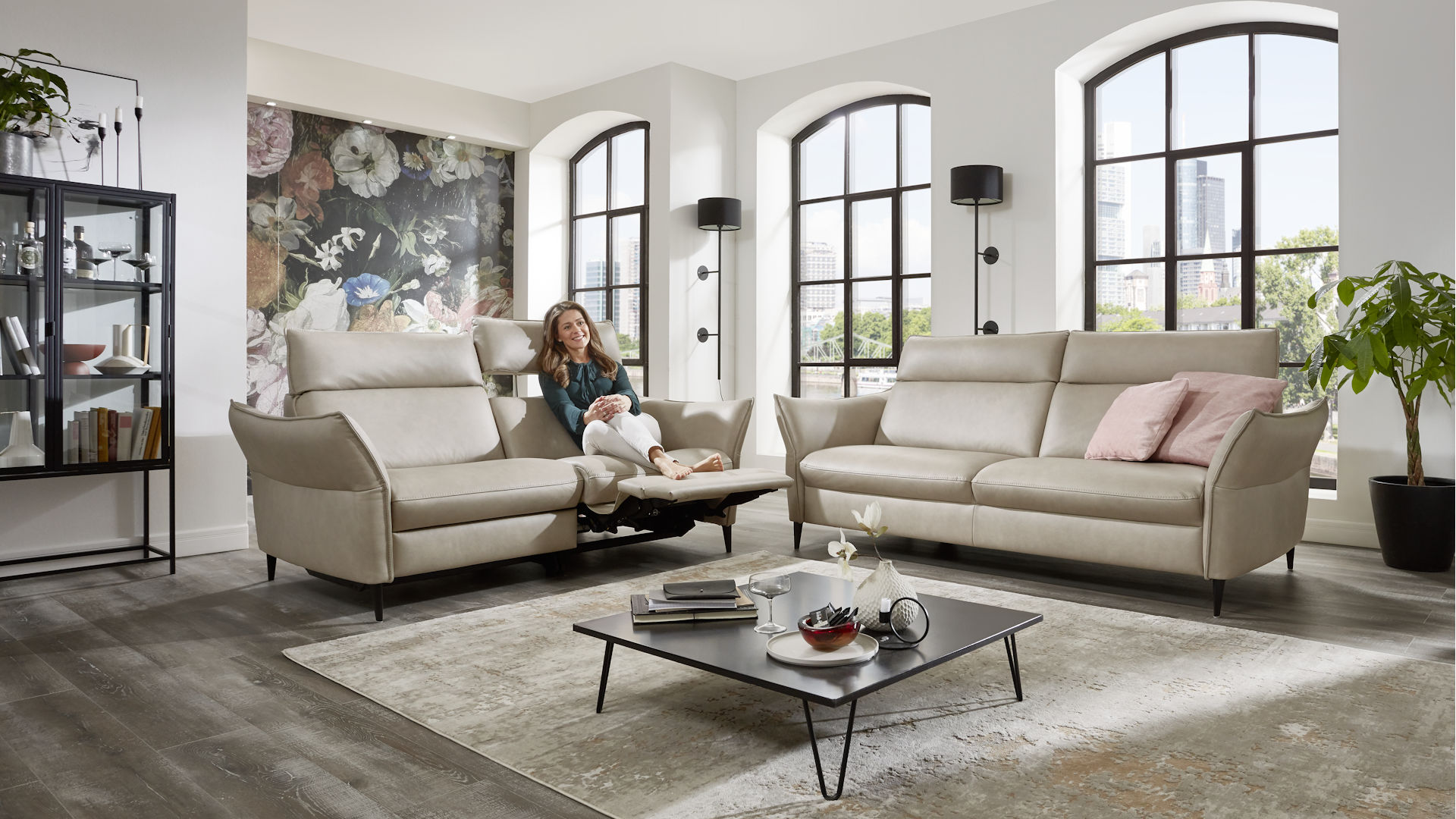 Ledersofa Kombination Z22224 - beige, Relaxfunktion